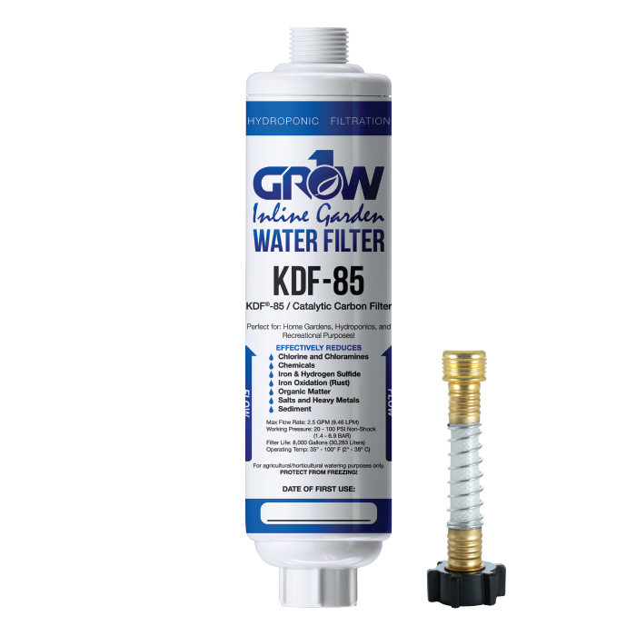 GROW1 Inline KDF-85 Garden Water Filter - Chloramine; Chlorine; Heavy Metal Removal