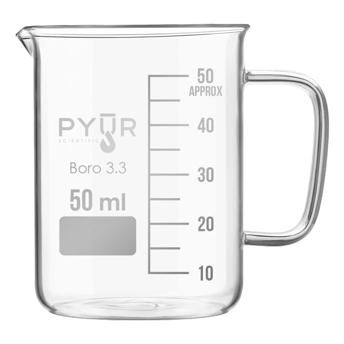 Pyur Scientific Low Form Glass Beaker w/ Graduations; Handle; and Spout 50ml