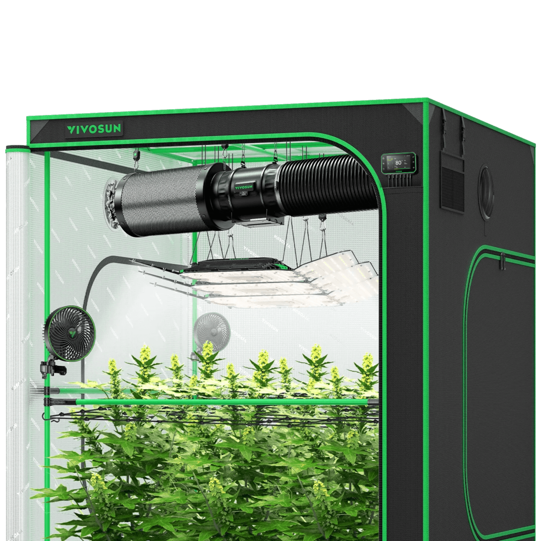 Smart Grow Tent Kit Pro 5x5, 6-Plant Complete System, with WiFi E42A+ Controller, 3x 200W AeroLight Wing LED Grow Light, 8-inch AeroZesh T8 Ventilation Combo, and 2x AeroWave E6 Gen2 Clip-on Fan
