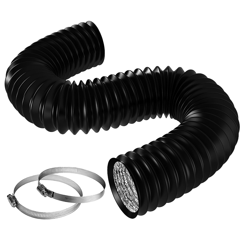 8 Inch 25 Feet Black Non-Insulated Flex Air Aluminum Ducting, w/Two 8 Inch Stainless Steel Clamps