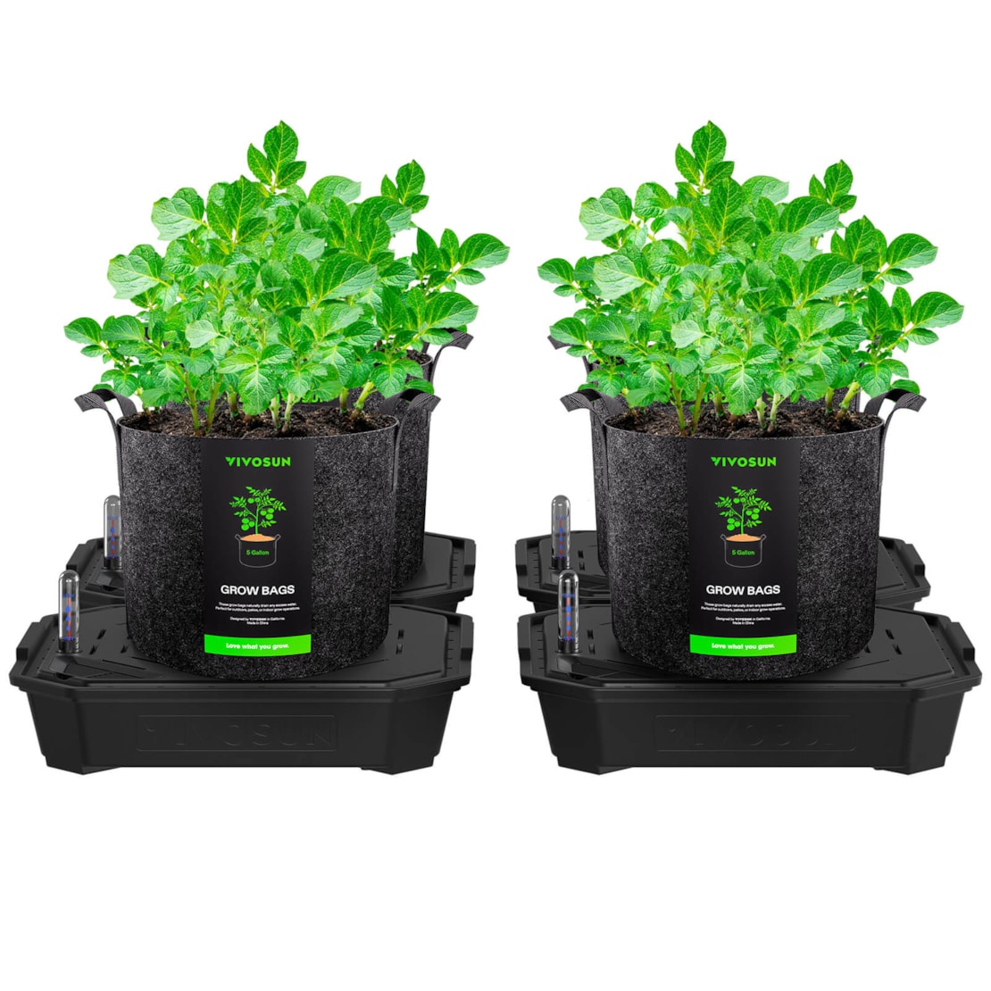 4-Pack Self-Watering Fabric Pot Base and Grow Bags Set, Auto-Irrigation Water Delivery System with Reservoir Meter