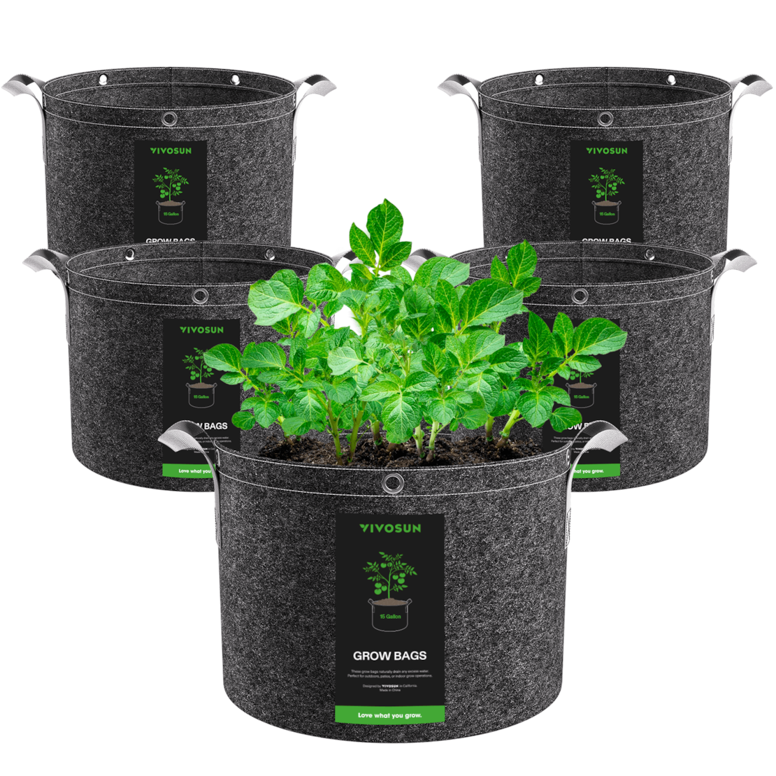 15 Gallon Grow Bags 5-Pack Black Thickened Nonwoven Fabric Pots with Handles, Multi-Purpose Rings