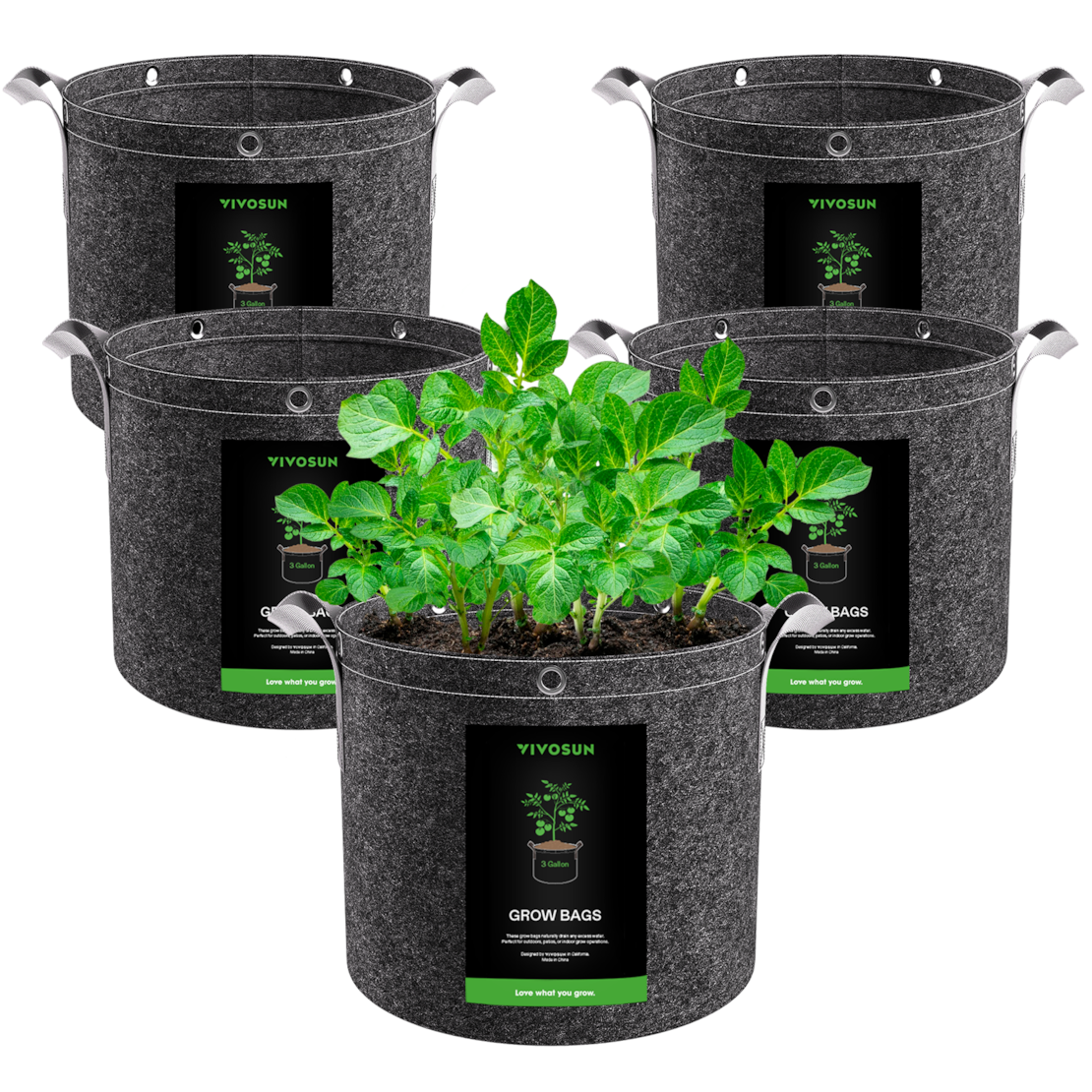 3 Gallon Grow Bags 5-Pack Black Thickened Nonwoven Fabric Pots with Handles, Multi-Purpose Rings