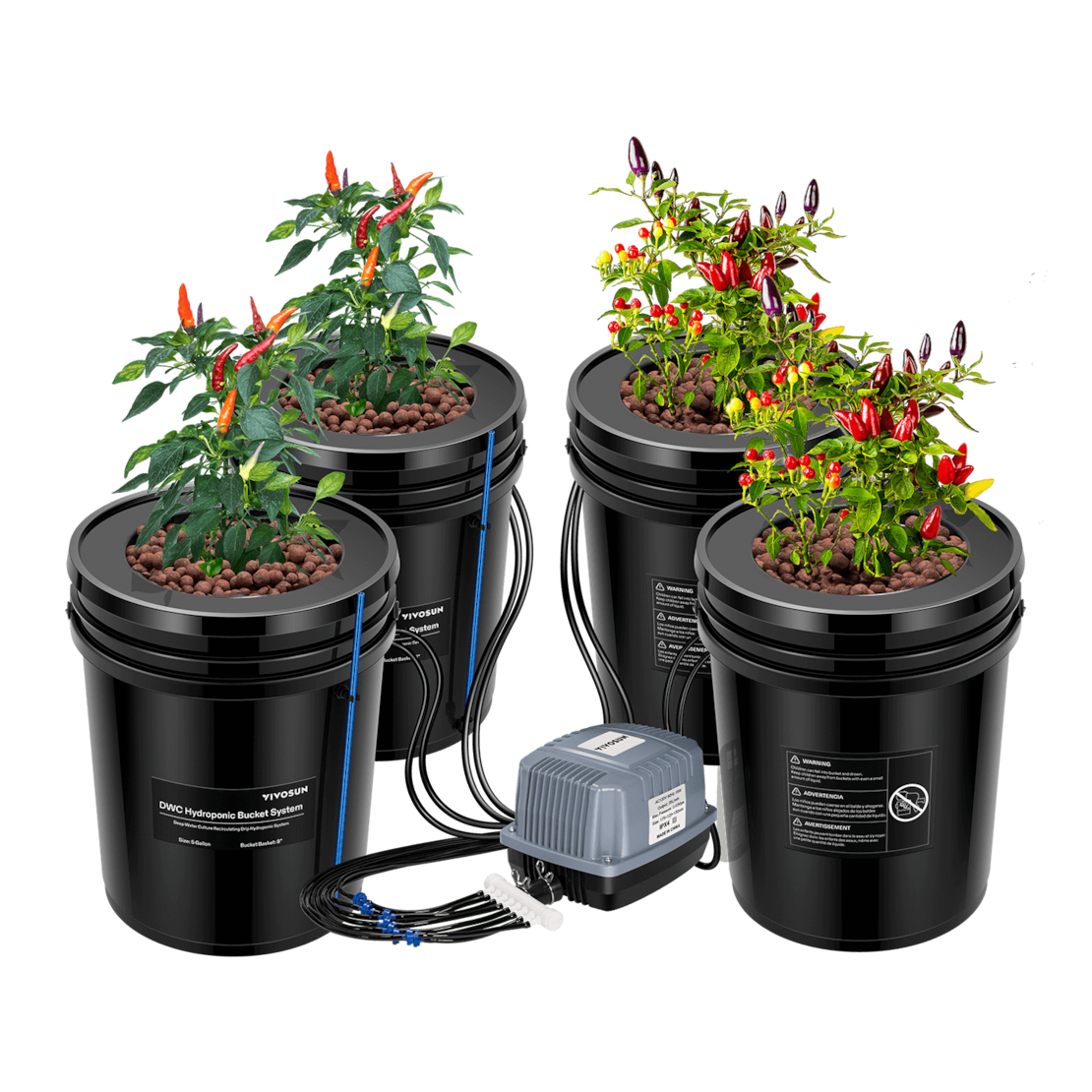 5 Gallon DWC Hydroponic System Kit (4 Bucket, Black)