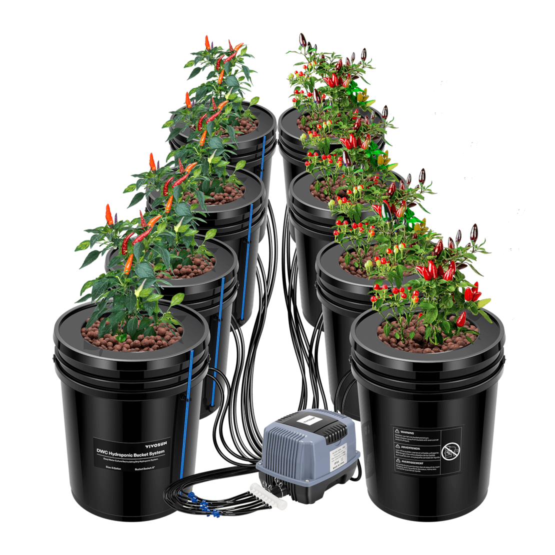 5 Gallon DWC Hydroponic System Kit (8 Bucket, Black)